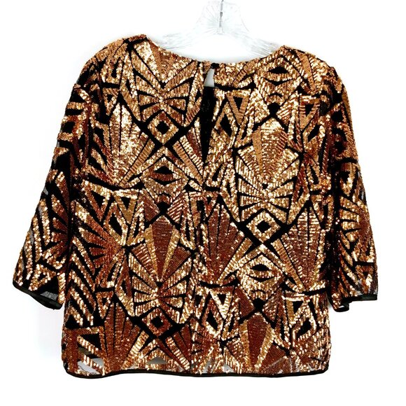 New Everly Sequin Gold Copper Geometric Pattern Glam Party Top Sz M - Picture 6 of 16